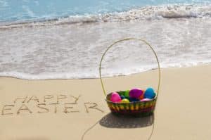 Sign "happy Easter" With Basket On The Beach